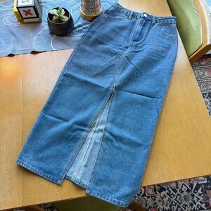 Classic Blue Denim Midi Skirt with Front Slit